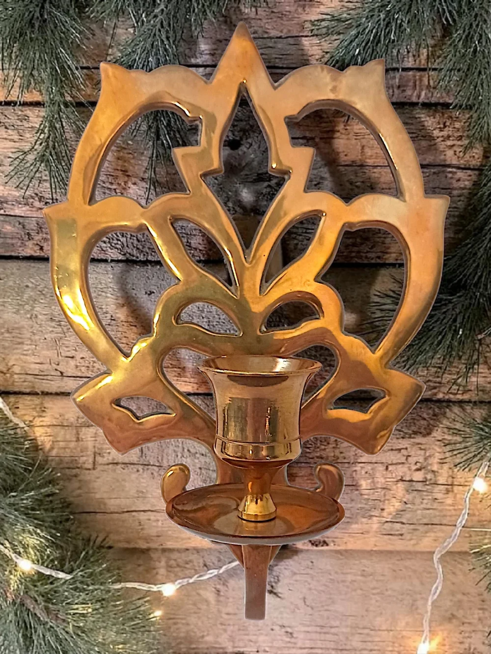 Solid‎ Brass Wall Sconce Single Candle Holder Lotus Flower Open Work Old World